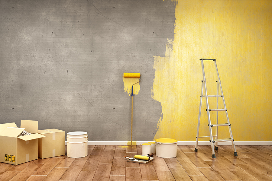 Half-painted in yellow concrete wall, 3d illustration